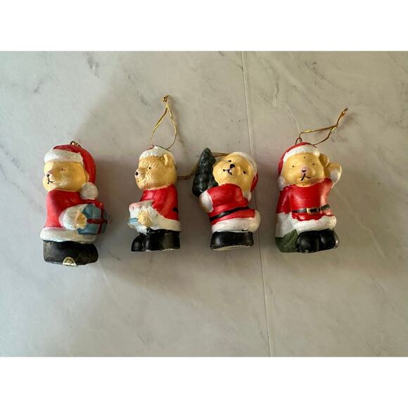 Set of 4 ceramic Christmas Teddy bear ornaments santa tree wreath miniature - Picture 1 of 5
